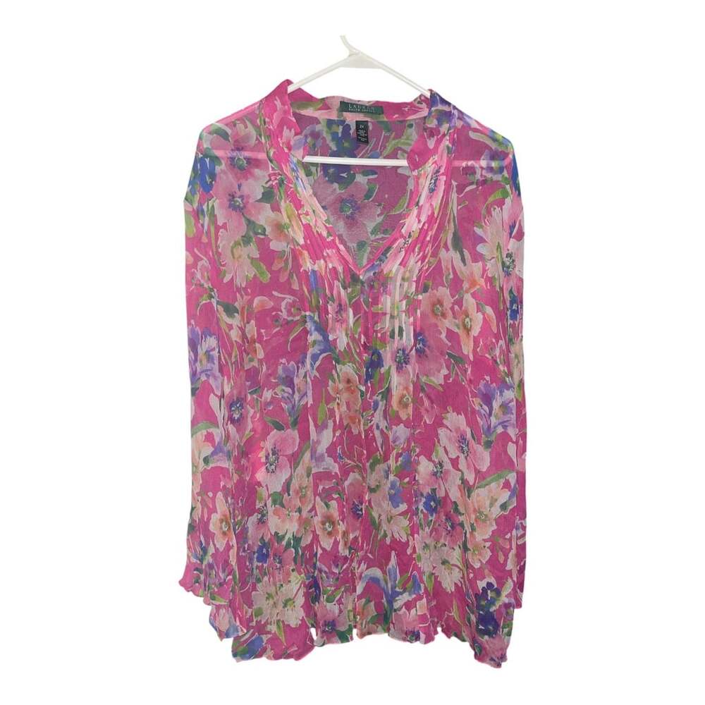 Lauren Ralph Lauren Pink Floral 100% Silk Pleated V-Neck Blouse Size 2X